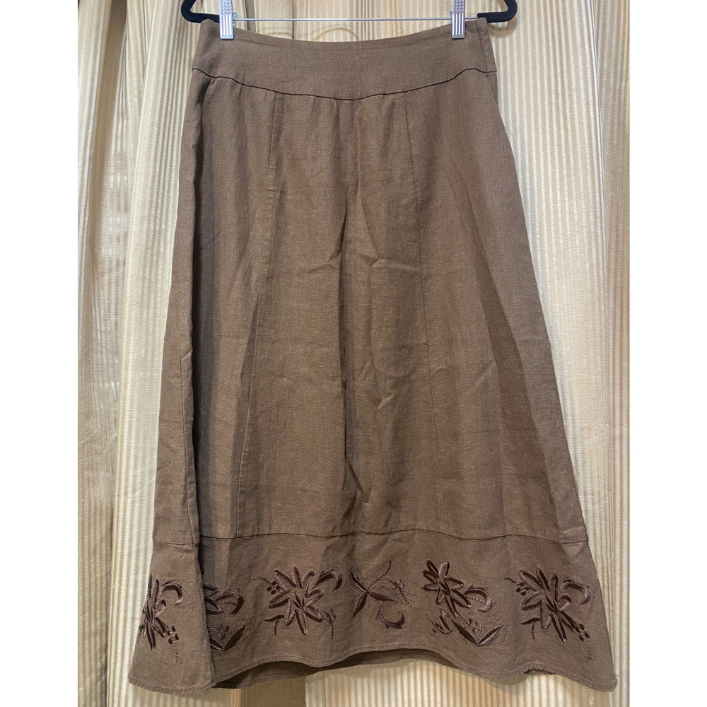 Tribal Brown Linen Blend Floral Embroidered A-Line Skirt Sz 6